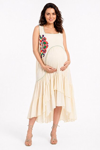 Park Moda Women's Ecru Embroidered Maternity Dress Sleeveless Summer  Bohemian Comfortable Cut Dress- Trendyol