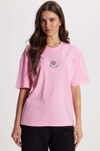 Women's Oversize Wide Cut 100% Cotton Crew Neck Short Sleeve Printed Pink T-Shirt Blouse