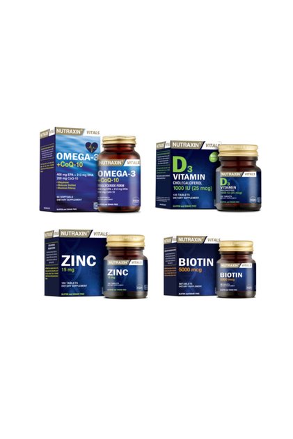 Omega 3 +coq-10 (koenzim) 60 Kapsül+biotin 30 Tablet+ D3 Vitamini 120 Tablet+çinko 100 Tablet
