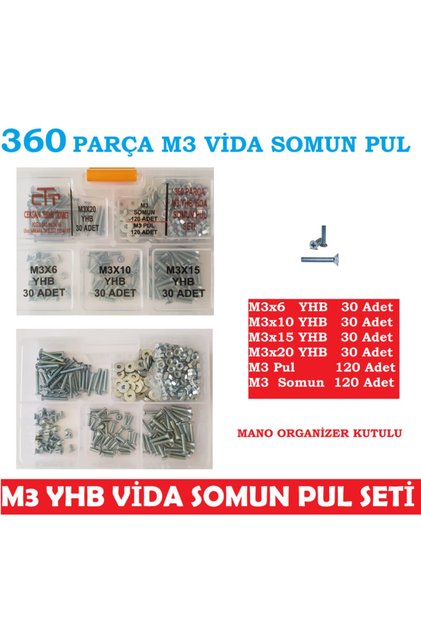 M3 Vida Seti 360 Parça Metrik 3 Yhb Vida -somun-pul Seti