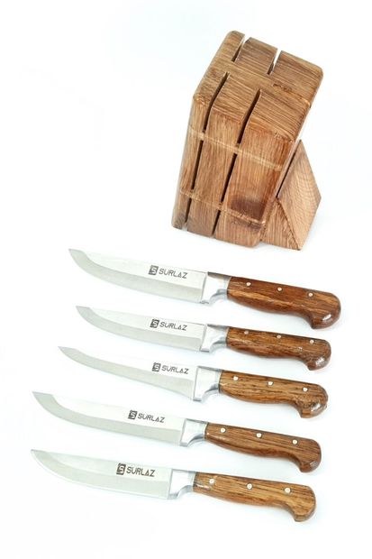 SürLaz 7'li Mutfak Bıçak Seti Ahşap Standlı Meyve Ekmek Et Bıçağı Bileme Masatı - 6