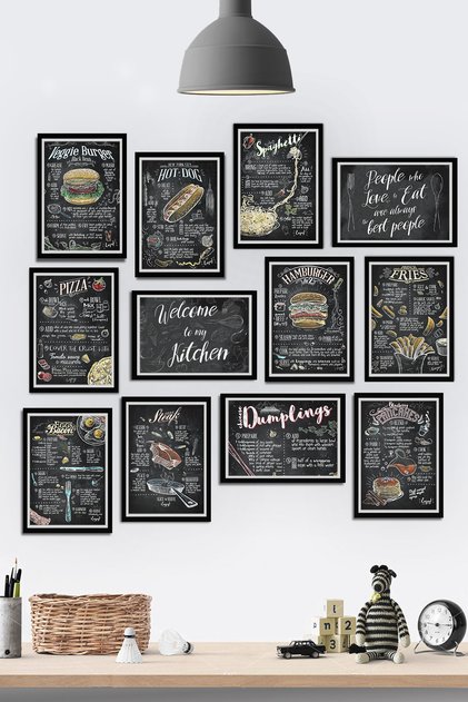 Çerçeve Görünümlü Yemek Çeşitleri Mutfak Restoran Aşçı Temalı Mdf Tablo Seti (80x80 Cm) 12 Parça