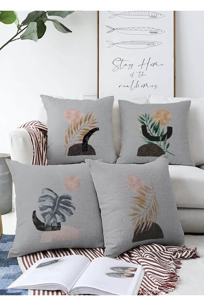 Modern 4-Piece Double-Sided Raschel Pillow Throw Pillow Cover Set with Silver and Gold Leaf Design on Gray Background