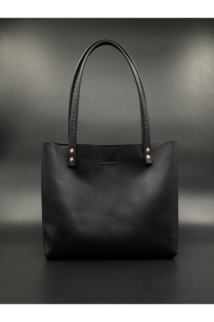 Women's Black Genuine Leather Handmade Shopping Bag