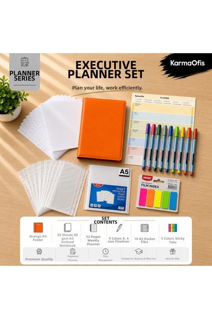 A5 4-Ring Orange Planner Folder Set | 50 Sheets of Notepads, 52 Sheets of Weekly Planner, 9 Colors of Fineliner, 10 A5 Pocket Files, and 5 Colors of Sticky Tabs