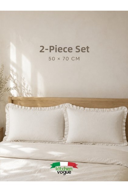 غطاء وسادة مزدوج مكشكش من ماركة ميديتيريان، مقاس 50x70 سم، غطاء وسادة زخرفي من الكتان البوهيمي بلون إكرو.