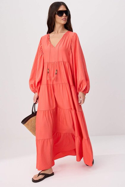 Rochie maxi țesută cu flori de rodie, croială relaxată și detaliu de legare TWOSS26EL00503