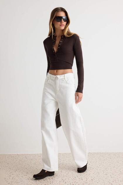White 100% Cotton Waist Detailed Low Waist Wide Leg Jeans Twoaw27Je00056