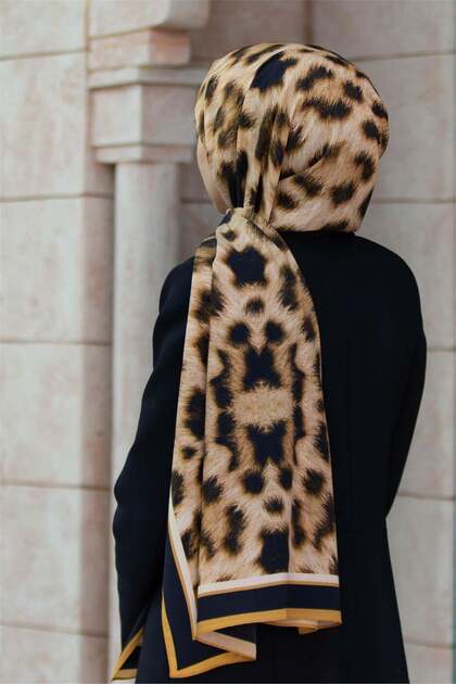 Luxury Medina Silk Leopard Patterned Mustard Color 75X195 Non-Fading Shawl Moss Crepe Sewing Type Italian Sewing