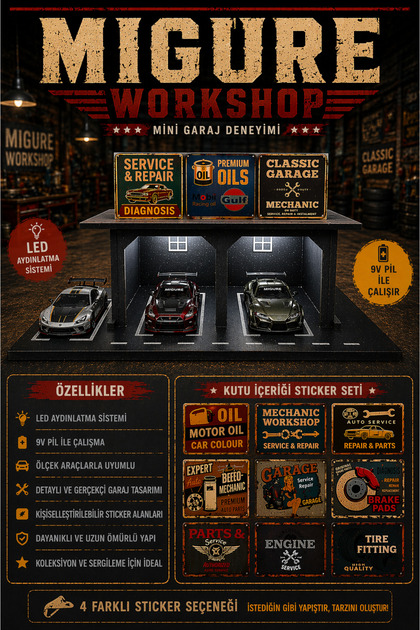 Migure Atölye Garaj LED Işıklı 1/64 Ölçekli Sergileme Garajı Diorama Siyah