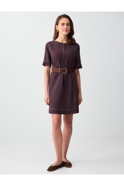 Acı Kahve Relaxed Fit Crew Neck Woven Mini Dress