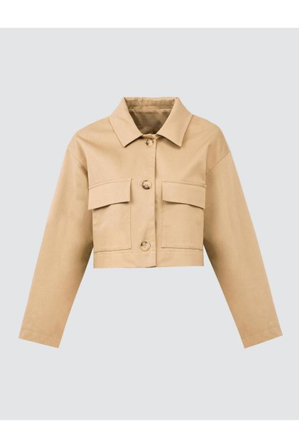 Deve Tüyü Düz Kesim Gömlek Yaka Uzun Kollu Gabardin Ceket