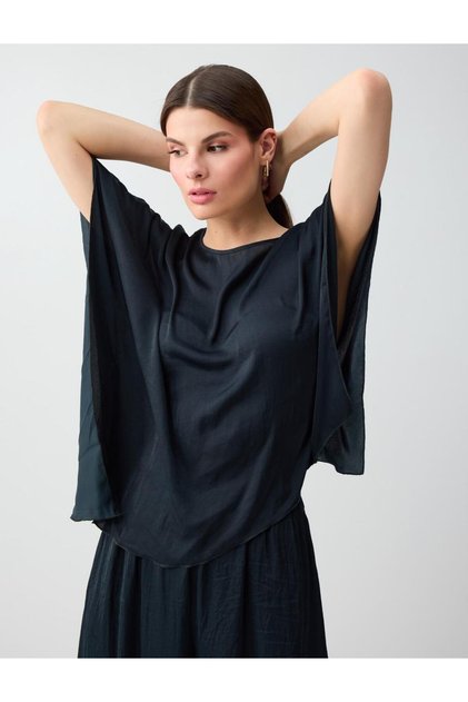 Anthracite Off-Shoulder Round Neck Satin Blouse