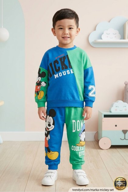 New Season Top-bottom Kids Set (MICKEY MOUSE-DONALD PRINTED) (BUY 1 SIZE BIGGER BLUE GREEN SUIT