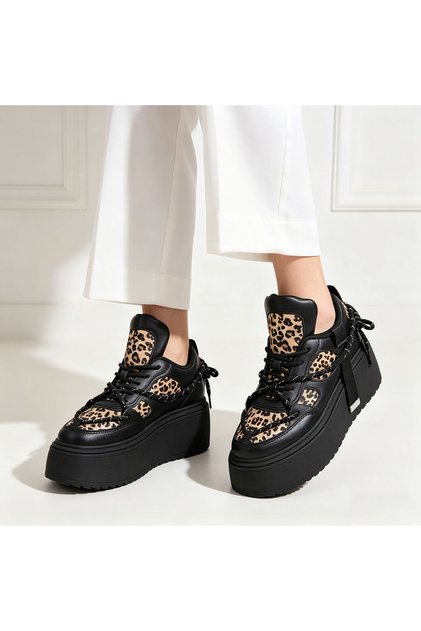 Pantofi sport pentru femei, cu platformă, din piele, TM1D1413, negri cu imprimeu leopard