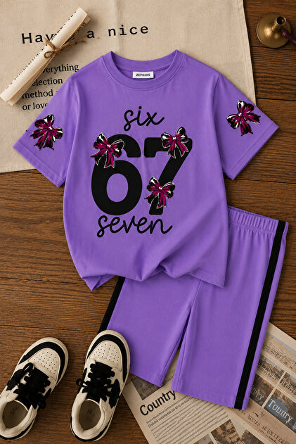 zepkids Kız Çocuk 67 Baskılı Pamuklu Likralı Lila Renk Oversize