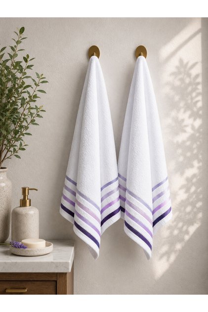 100% Cotton 2-Piece Hand/Head Towel Set 50X90 cm – Striped Pattern Soft and Absorbent