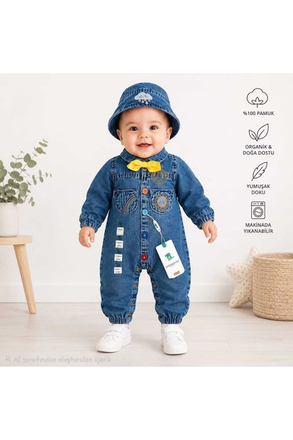 Children's Baby Jeans (Jeans) Overalls with Bow Tie and Hat (3/6/9/12) Months