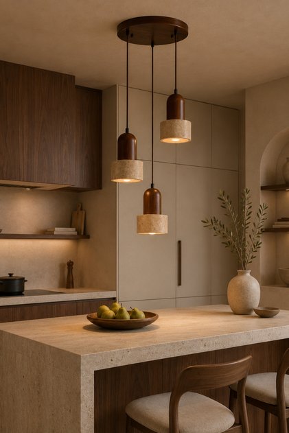 Loer C Walnut Doğal Traverten Mermer Ceviz Ahşap 3'lü Sarkıt Avize E27 Ampul Dahil 3000K Sıcak Beyaz