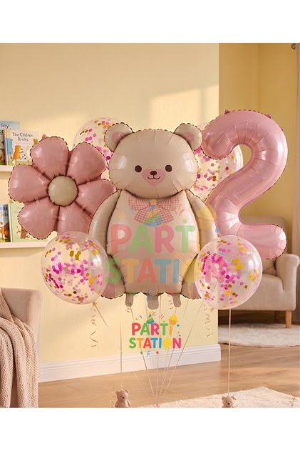 Cute Teddy Bear 2 Years Old Balloon Set Retro Pink Teddy Bear Concept Birthday Set