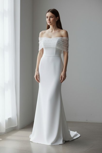 Pearl Detail Strapless Wedding Dress Off-Shoulder, Slim Fit, White Evening Dress