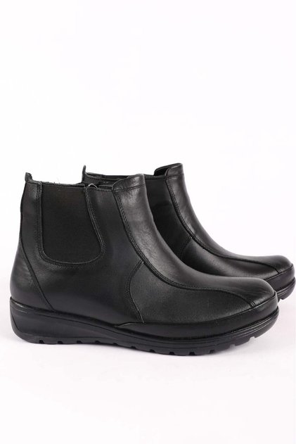 Women's Genuine Leather Rubber Detailed Zippered Orthopedic Comfort Boots Black