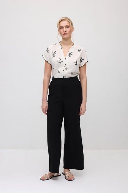 Wide-Leg Elastic Waist Viscose Pants - Black
