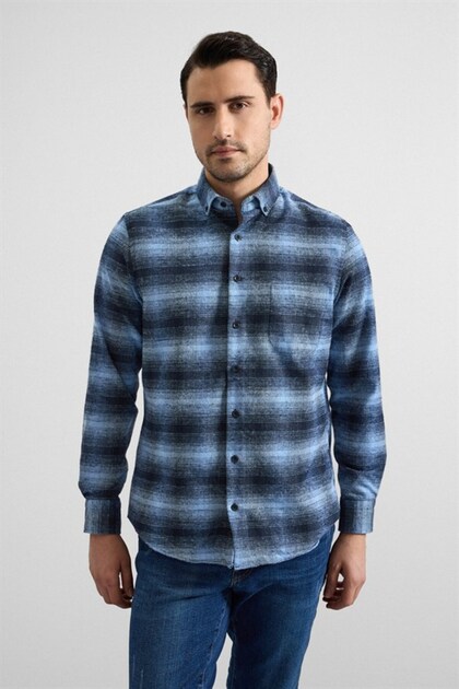 Navy Blue Regular Buttoned Collar Checkered Casual Shirt