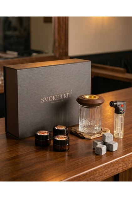 Lüx kutulu hediyelik viski tütsüleme seti / 1 adet smoker / 1 adet viski bardağı / 6 adet viski taşı / torch çakmak / 3 farklı talaş / kullanım kartı / hediye kartı / full set kokteyl tütsüleme kiti