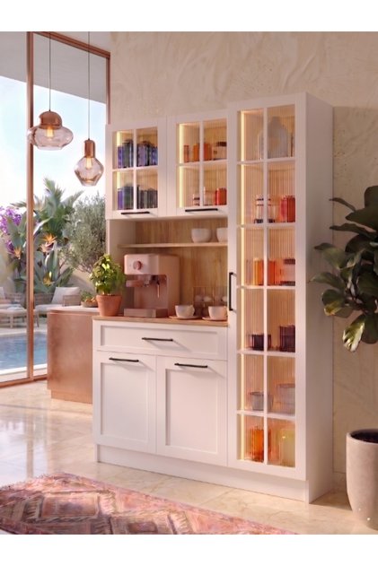 Premium MDF Ürün Sora Cam Kapaklı Kahve Köşesi, Çok Amaçlı Mutfak Dolabı ve Vitrin