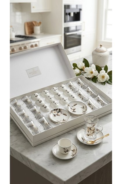A luxurious hospitality set – coffee cups and tea glasses with elegant designs – perfect for sophisticated serving.