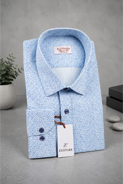 River Stones Pocketless Blue Patterned Regular Fit Long Sleeve Cotton Premium Men's Shirt