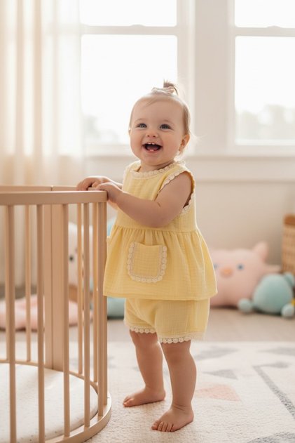 Baby Girl 2-Piece Set with Scallop Lace and Muslin Shorts, 100% Cotton