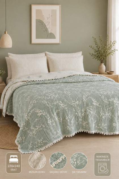 Muslin Bedspread Pike 220X240 – 100% Cotton, Bohemian Tasseled Reversible
