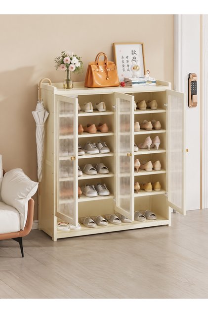 Modern Wooden Shoe Cabinet, 3 Doors, 8-Tier Shoe Rack Organizer with Umbrella Holder, Cream, 90 x 32 x 107 cm