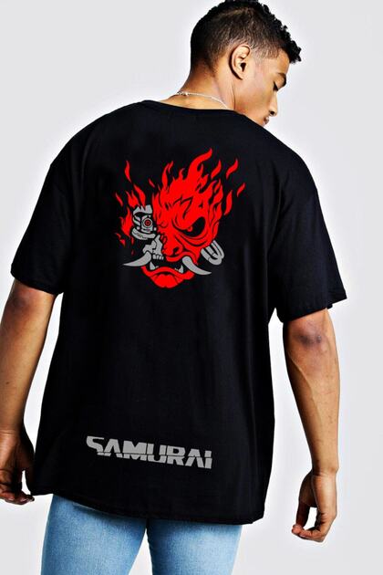 トップス siyun nrage Cyberpunk 2077 Samurai Oversize Sırt Baskılı Siyah Tişört