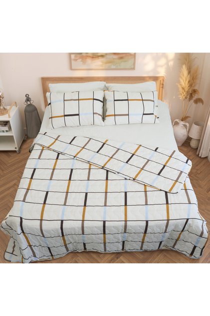 Double Size Plaid Pattern Multipurpose Bedspread Quilted (Pique Set) Set 4 Pieces with Pillowcases, 6 Pieces with Elastic Sheets