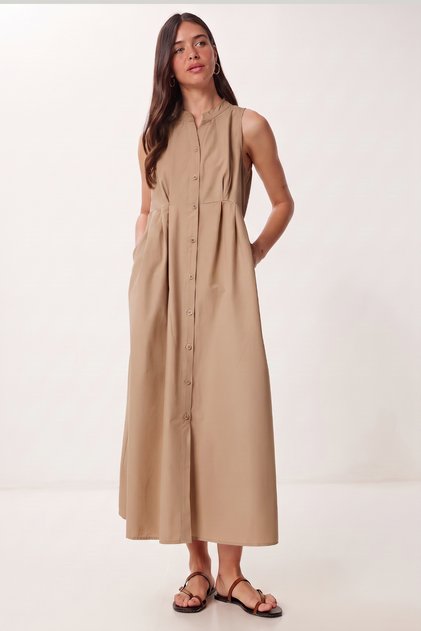 Sleeveless Midi Poplin Shirt Dress Cream Lmx0093