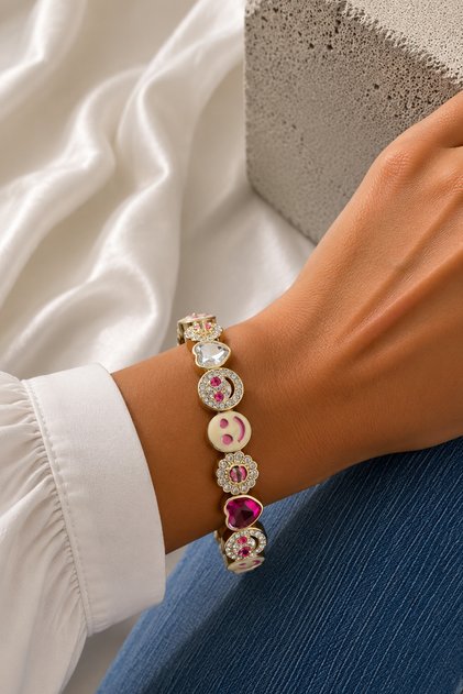 Special Series Gold Color Smiling Face Heart Detail Stone Rubber Bracelet
