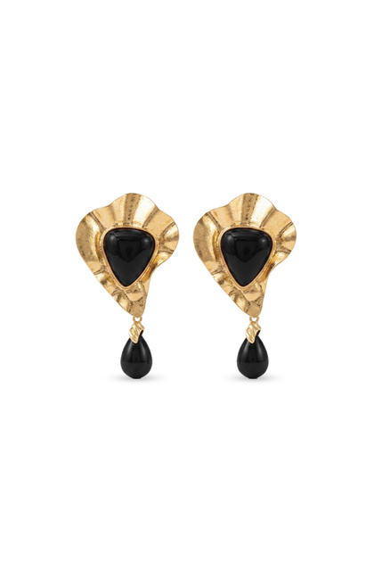 Steel Gold Matte Plate Detailed Black Siny Earrings