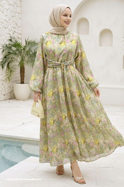 Patterned Brooch Belt Detail Green Dress