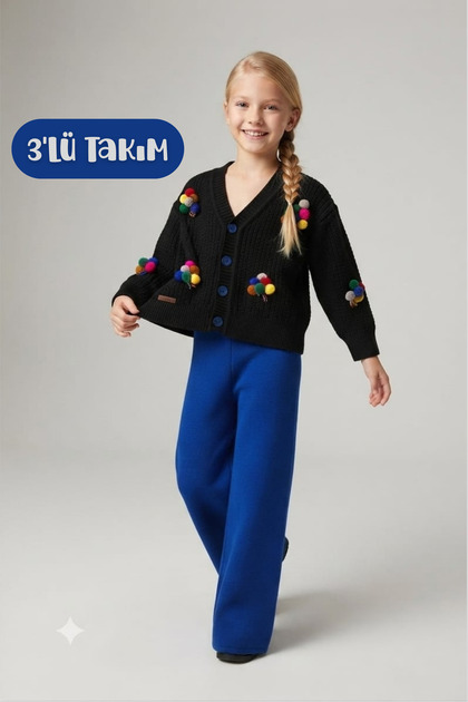 Girl's Embroidered Balloon Embroidered Black Knitwear Cardigan Colorful Pants Hair Clip Set of 3