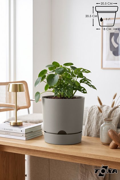 5 Litre Bej Gri Saksı Tabaklı Dekoratif Mat Plastik Saksı