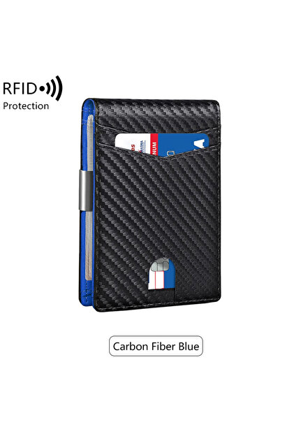 QB337-Carbonblue Minimalist Men's RFID Blocking Multi-Functional Ultra-Thin 12-Card Wallet, Front Po