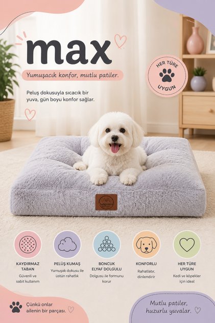 Max, Ultra Yumuşak, Kaydırmaz Tabanlı, Konforlu Kedi Ve Köpek Yatağı, Yer Minderi