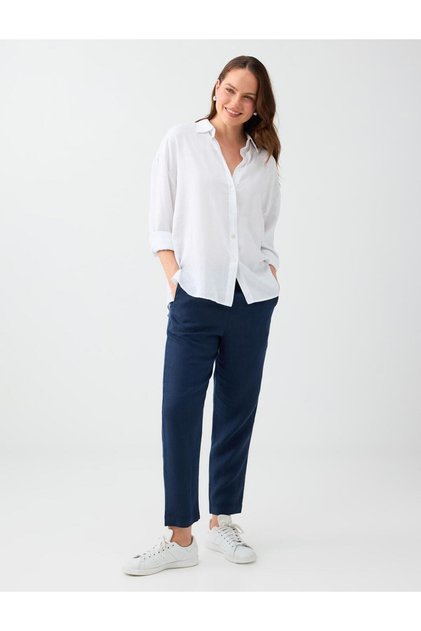 Navy Blue 100% Linen Regular Leg High Waist Woven Trousers