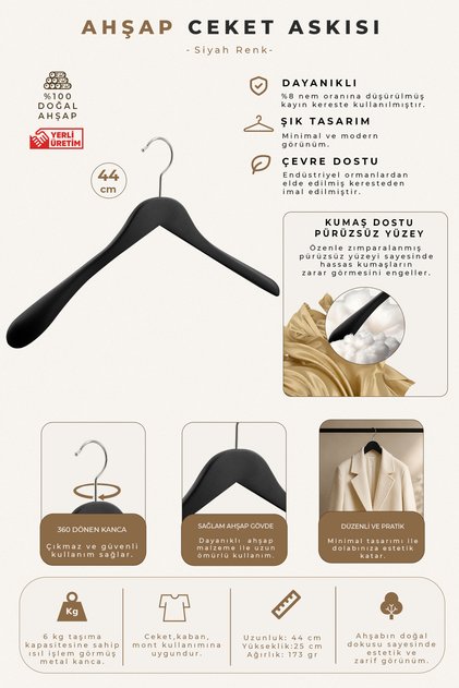 Wooden M023 44cm Men's Jacket, Coat Hanger Black 2 Pieces