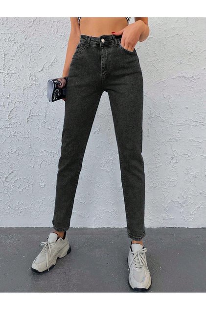 Blugi de damă, antracit, cu talie înaltă, din Lycra, pantaloni slim fit, denim elastic