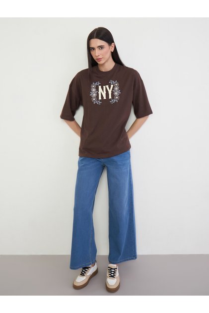 Brown Oversized NY Print T-Shirt with Embroidery