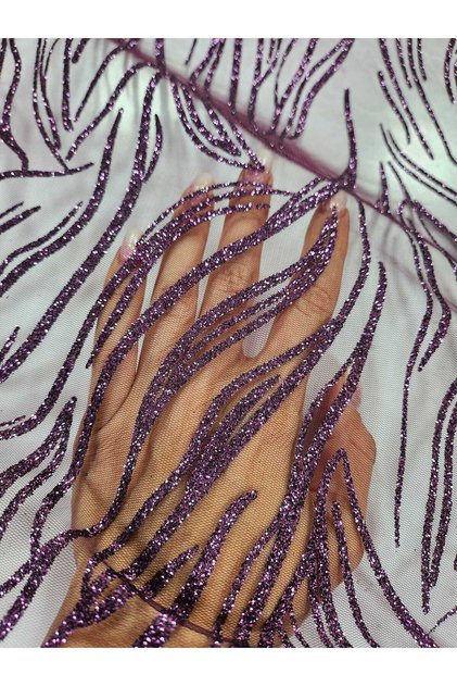 Tulle Premium Mov cu Aplicații Glitter, Model Abstract Ondulat – Lățime 150 cm